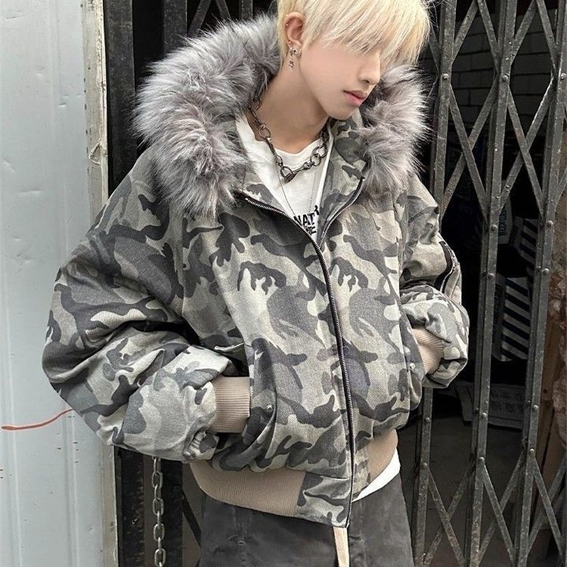 american Winter camouflage Fur Hooded Jacket Men Outerwear Thick Short Parkas Coat Faux Collar Parkas Casual Aesthetic Retro 251223