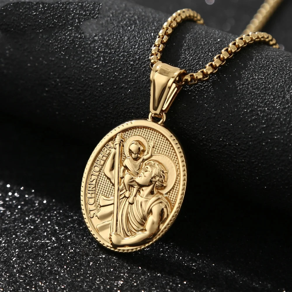 Religious St Christopher Protect Us Necklace For Men Stainless Steel Geometric Oval Pendant Collares Jewelry 251226