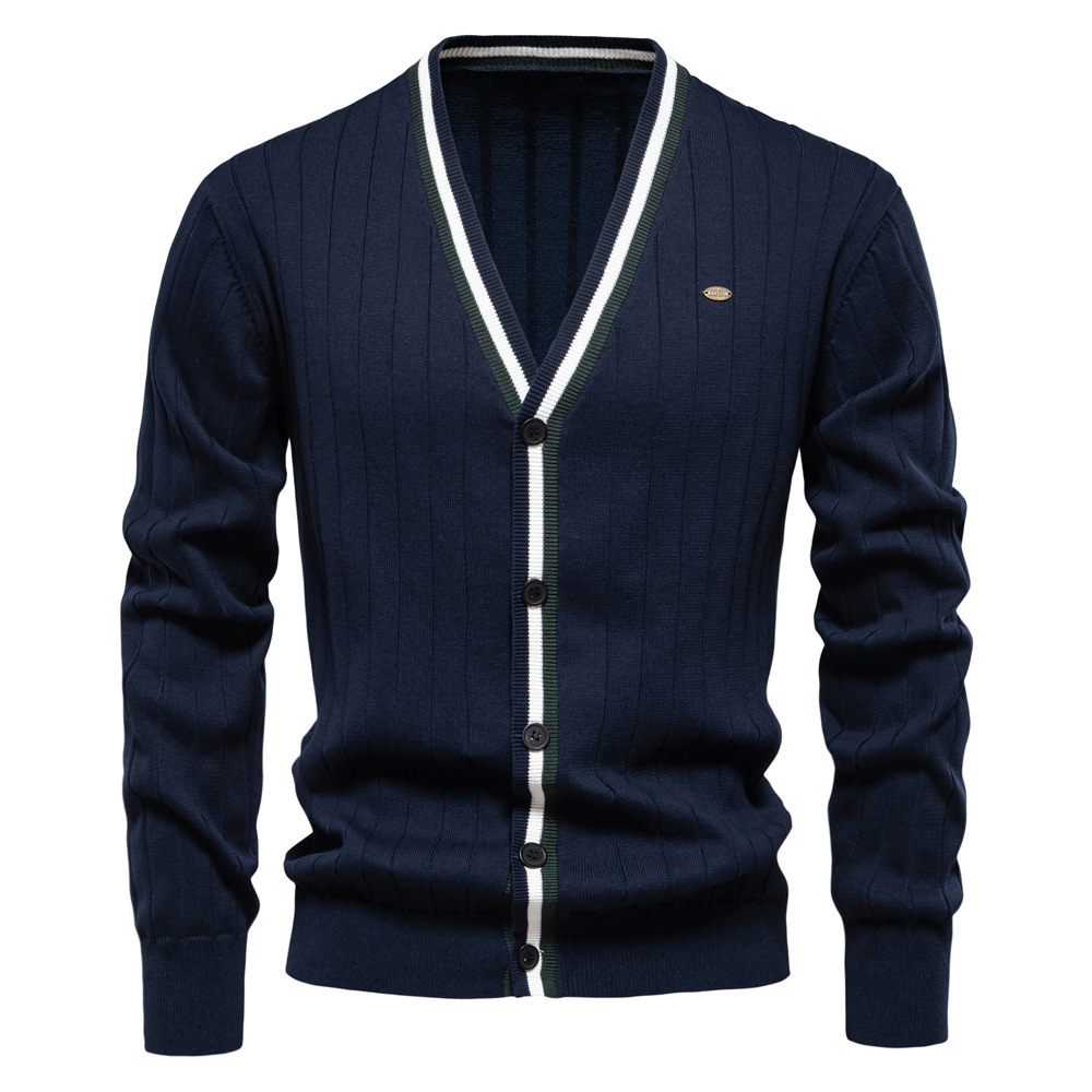 WOZK autumn and winter new cardigan men's V-neck long sleeved sweater trendy style contrasting border men's knitted jacket Men's Clothi