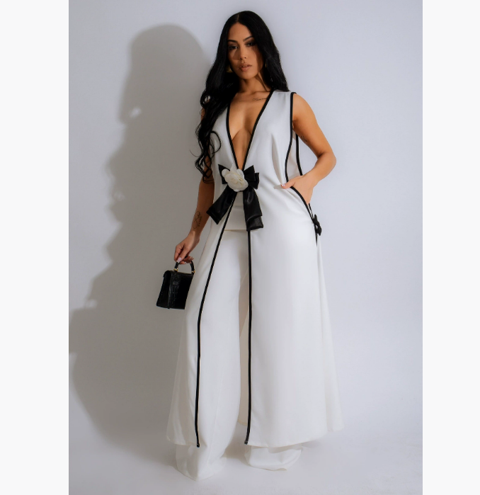 Womens Summer Fashion Sexy Two-piece Set Camellia Bow Sleeveless Spell Color Long Sundress Solid Color Wide Leg Trouser Set
