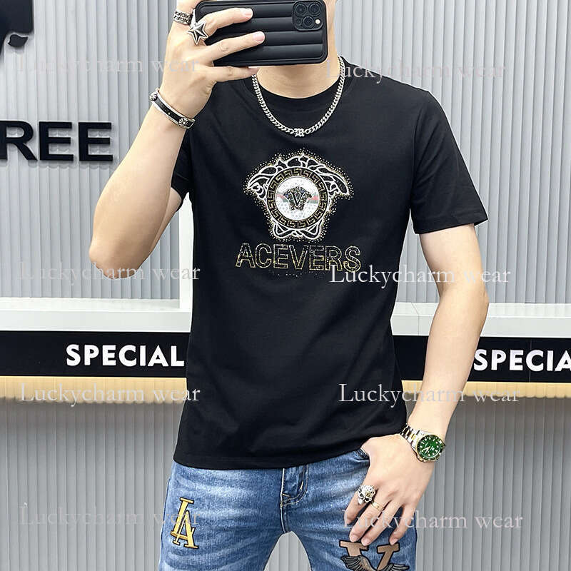 Summer Short Sleeve T-Shirt For Men Trendy Cool Round Neck Rhinestone Luxury High-End Slim Fit Versatile Printed Youth