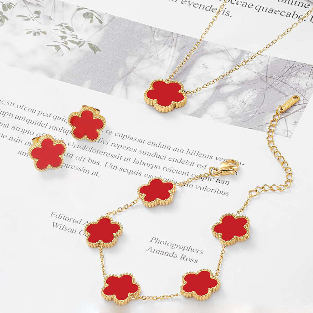 Five-Leaf Clover Five-Flower Bracelet Necklace Earrings Three-Piece Set Light Luxury High-End Jewelry