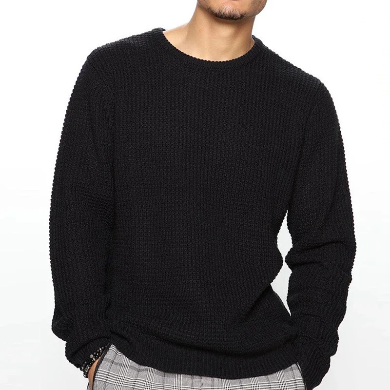 Mens Casual Sweater Round Neck Long Sleeve Knitted Sweater Solid Color Fashion Versatile Top 251223