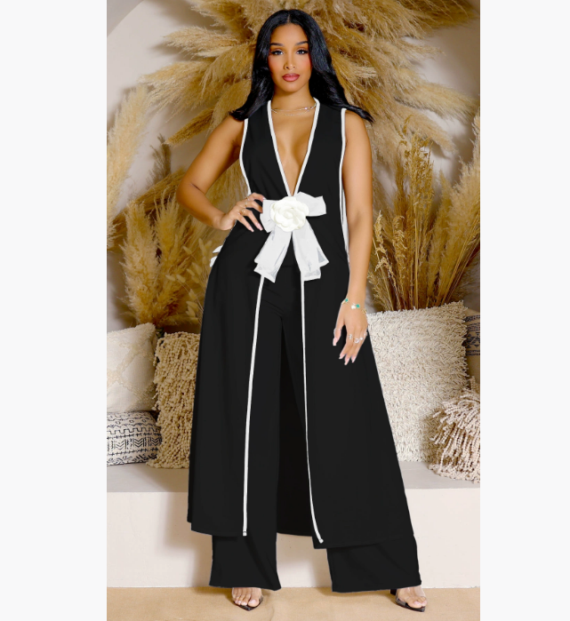Womens Summer Fashion Sexy Two-piece Set Camellia Bow Sleeveless Spell Color Long Sundress Solid Color Wide Leg Trouser Set