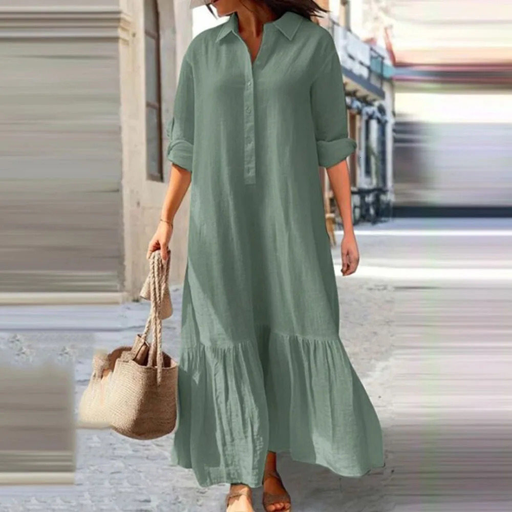 Women Blouse Long Maxi Dress Summer Female Ruffle Long Sleeve Cotton Linen Beachwear Holiday Party Dresses FYY-8045 251222