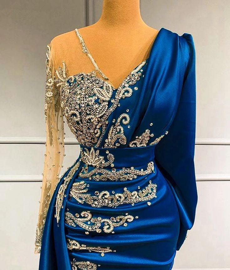 Elegant Blue Satin Mermaid Evening Dresses With Long Sleeves Appliques Beaded Women Formal Ocn Prom Gowns Arabic Second Reception Dress D27 - view 4
