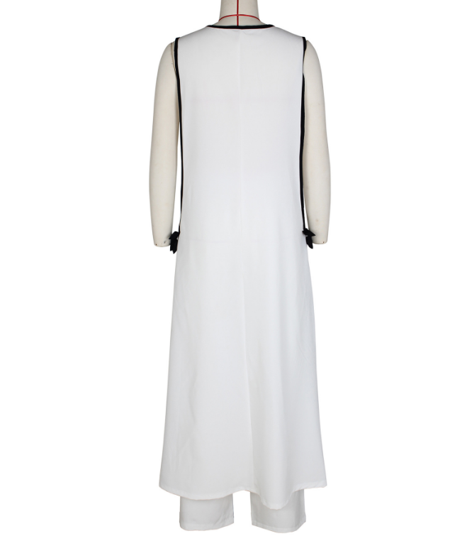 Womens Summer Fashion Sexy Two-piece Set Camellia Bow Sleeveless Spell Color Long Sundress Solid Color Wide Leg Trouser Set