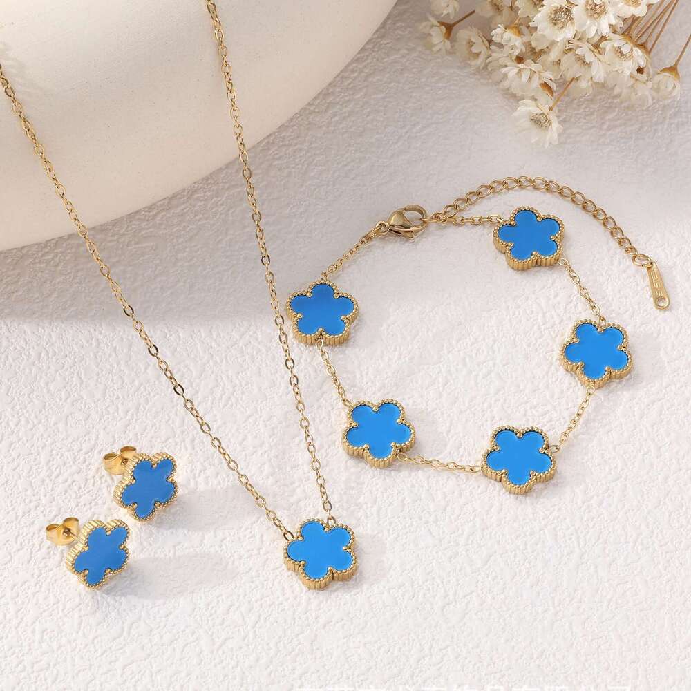 Five-Leaf Clover Five-Flower Bracelet Necklace Earrings Three-Piece Set Light Luxury High-End Jewelry