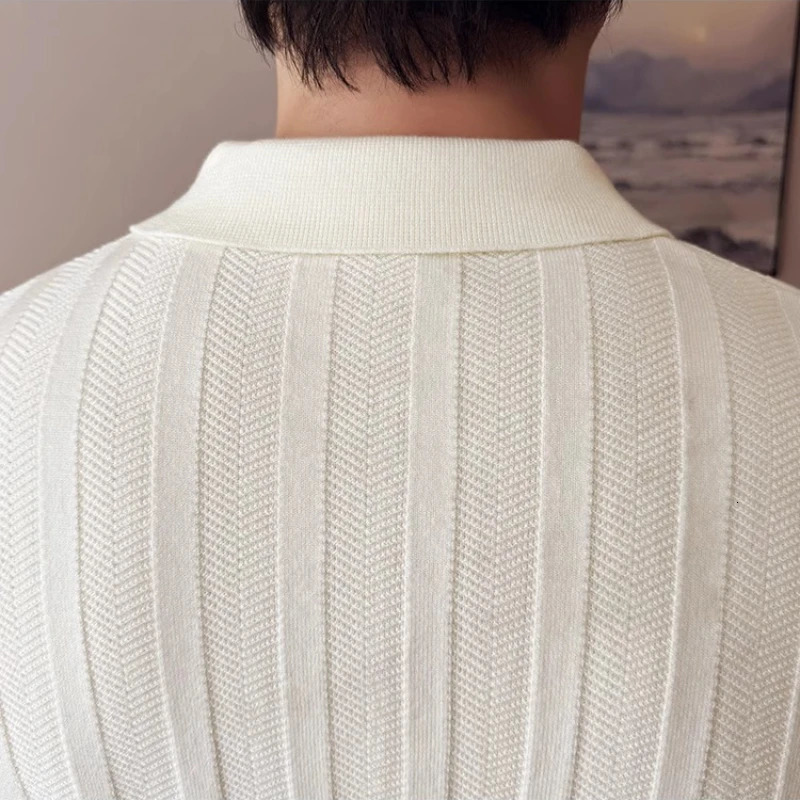 Mens Zip-Front Knit Sweater - White Polo Collar Black/Burgundy/Cream M-4XL Soft Touch Autumn Winter Casual Style 251223