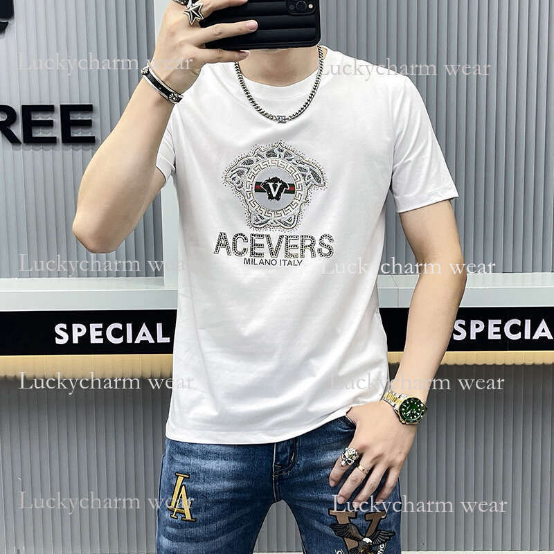 Summer Short Sleeve T-Shirt For Men Trendy Cool Round Neck Rhinestone Luxury High-End Slim Fit Versatile Printed Youth