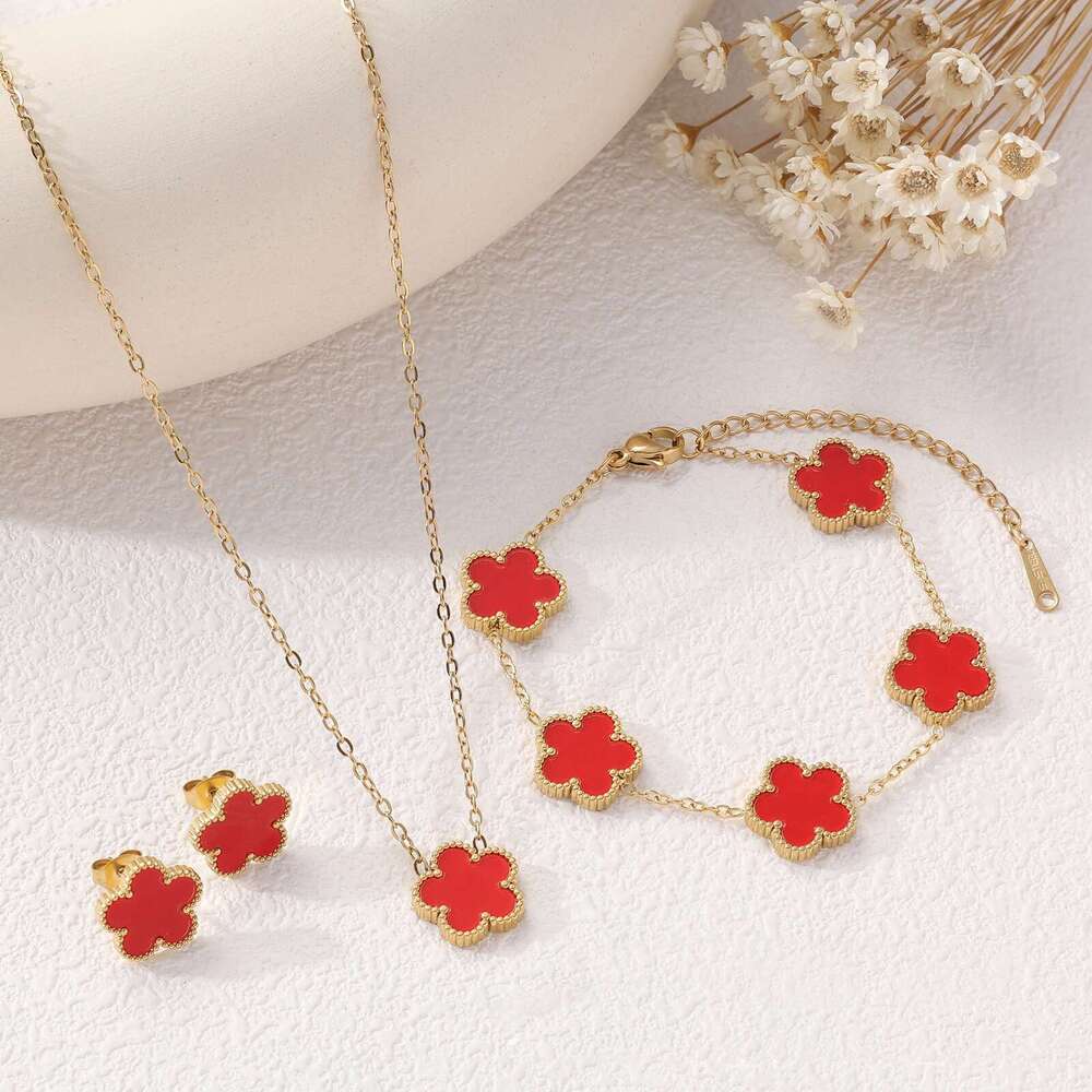 Five-Leaf Clover Five-Flower Bracelet Necklace Earrings Three-Piece Set Light Luxury High-End Jewelry
