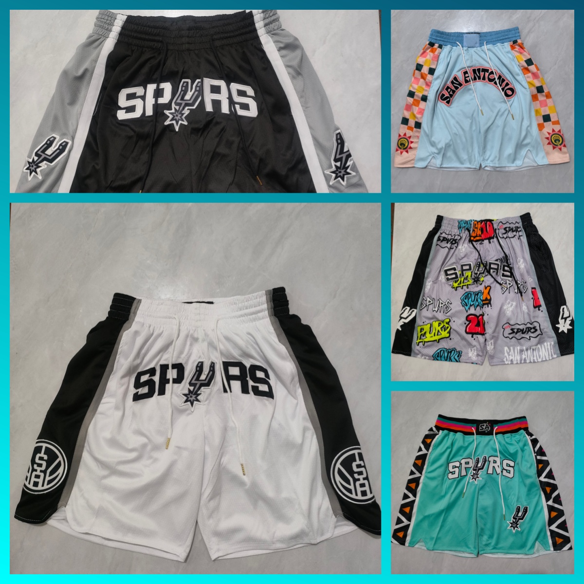 Casual retro letter embroidery, suitable for men's and women's street and outdoor sports, breathable San Antonios basketball shorts, men's pocket rope S-XXXL