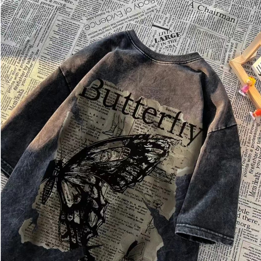 Heavyweight Washed Vintage T-shirt for Men, Summer Niche Design Gothic Butterfly Print Half Sleeve Tee