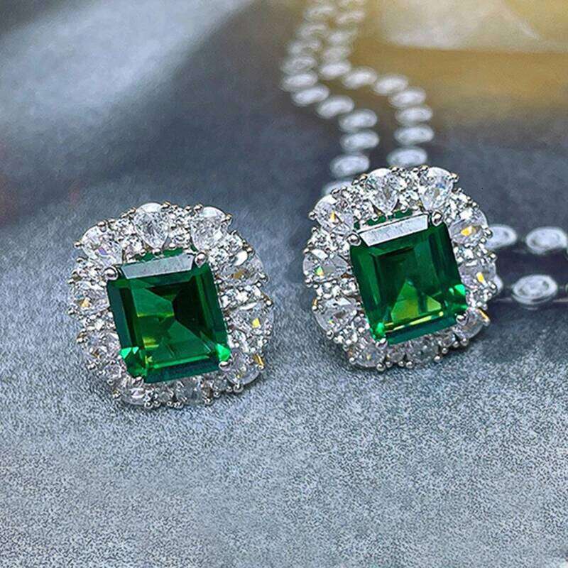 Huitan Rectangular Green Cubic Zirconia Stud Earrings Gorgeous Accessories for Women Wedding Party Temperament Female Jewelry