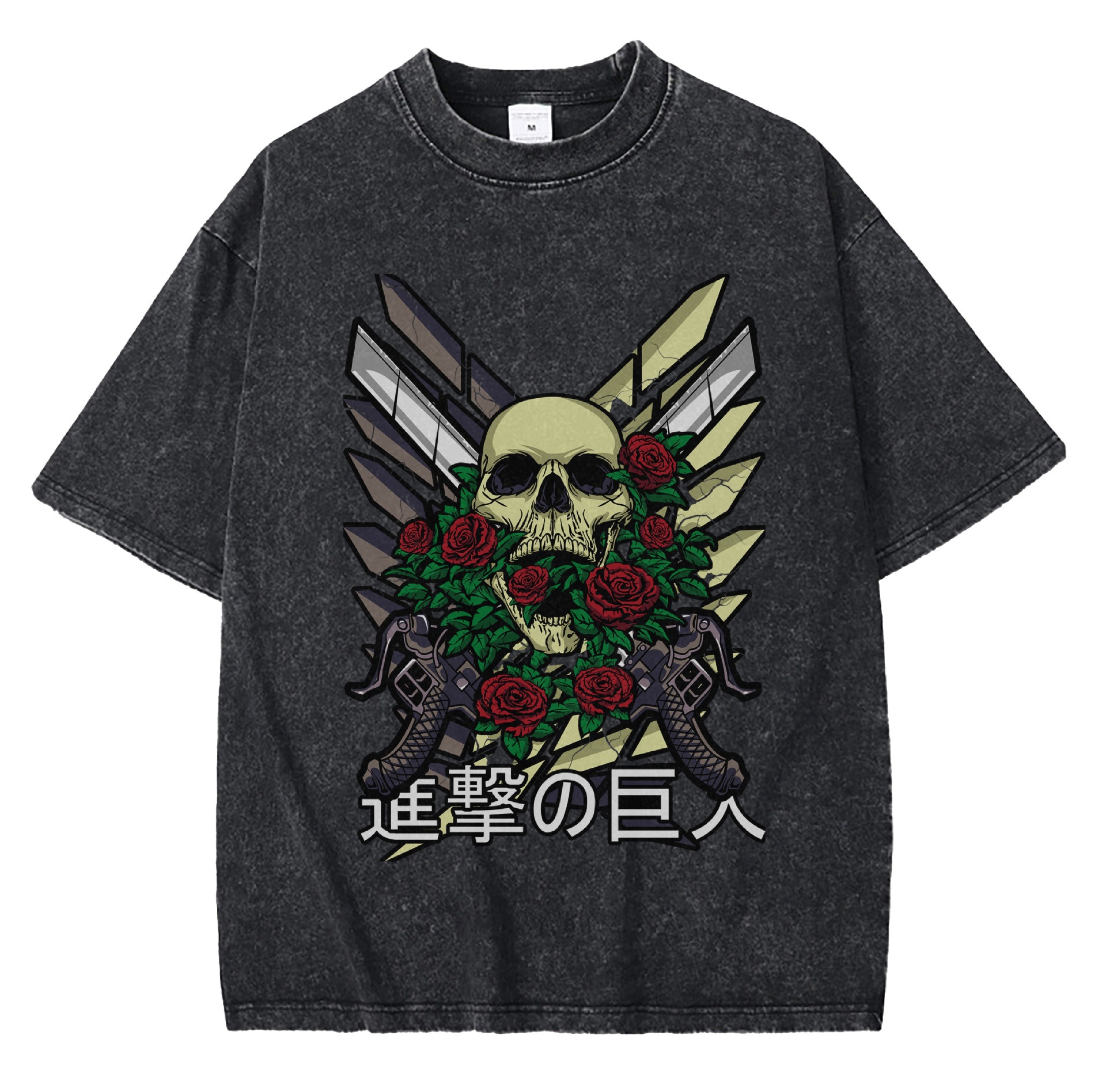 Streetwear American Vintage Anime Print T-shirt for Men, 230g Washed Loose Fit Short Sleeve, High Street Cross-Border Vintage Tee