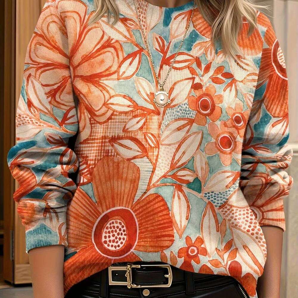 Fashion 2026 Women's Loose Round Floral Print Long Sleeve Crew Neck Sweater Elegant Style Casual Attire Versatile Fashion Sweat-Shirt Femme Luxe