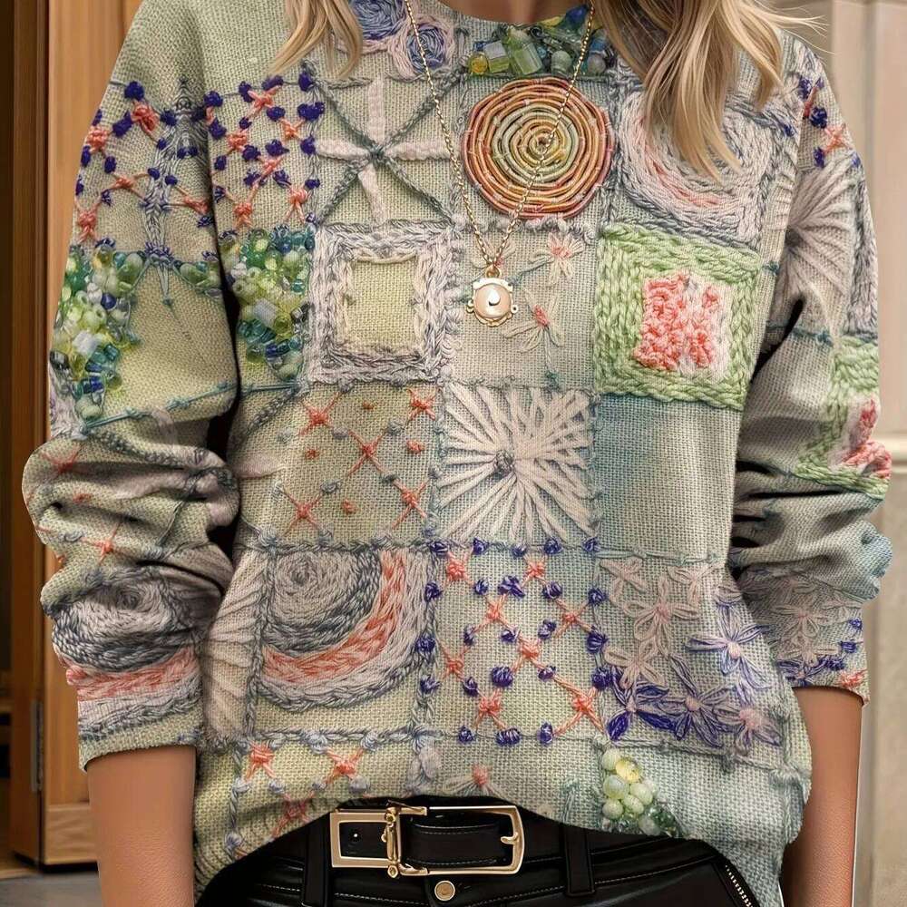 Fashion 2026 Women's Loose Round Floral Print Long Sleeve Crew Neck Sweater Elegant Style Casual Attire Versatile Fashion Sweat-Shirt Femme Luxe