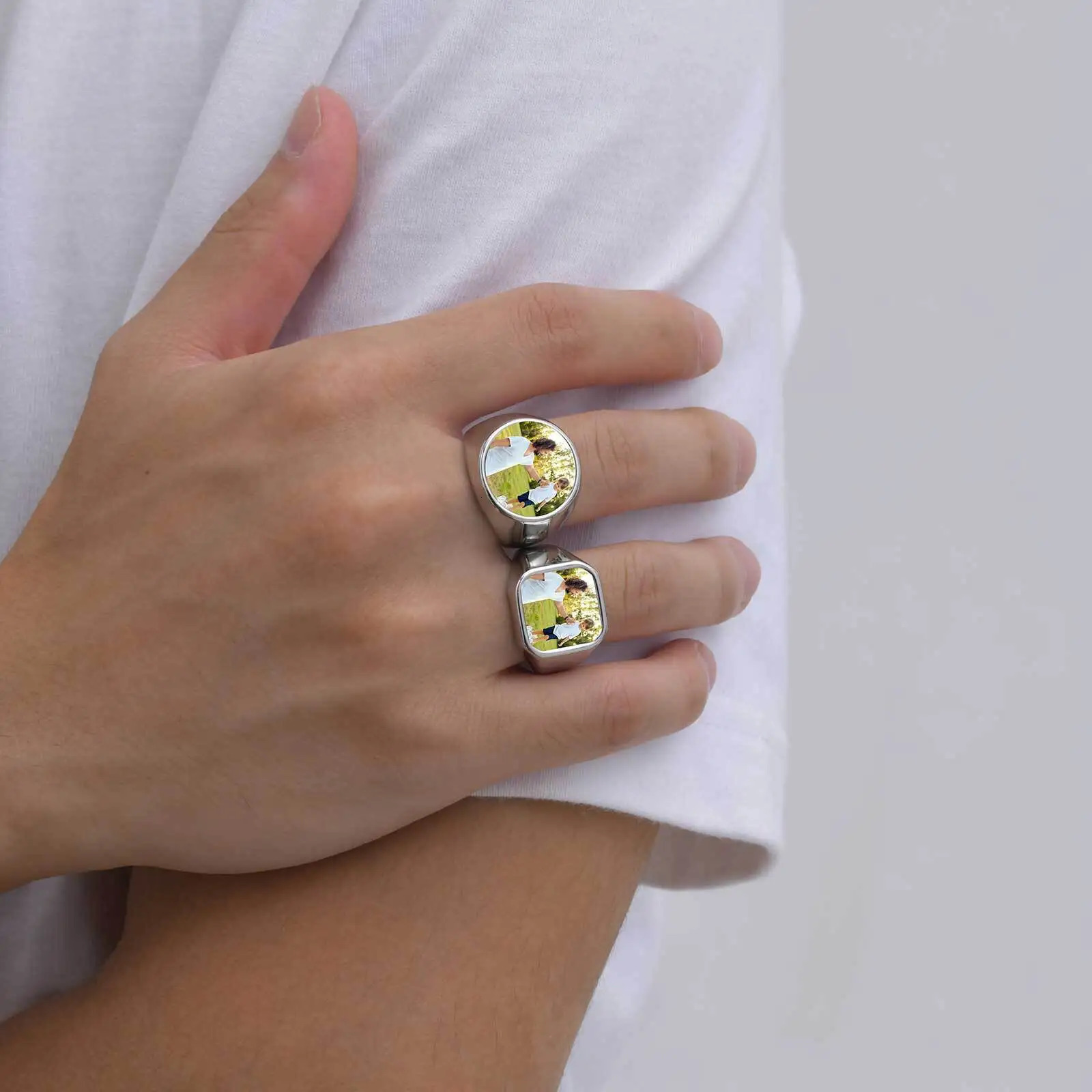 Waterproof Po Picture Ring for MenCustom Stainless Steel Square Round RingPersonalized Thumb Ring 251224