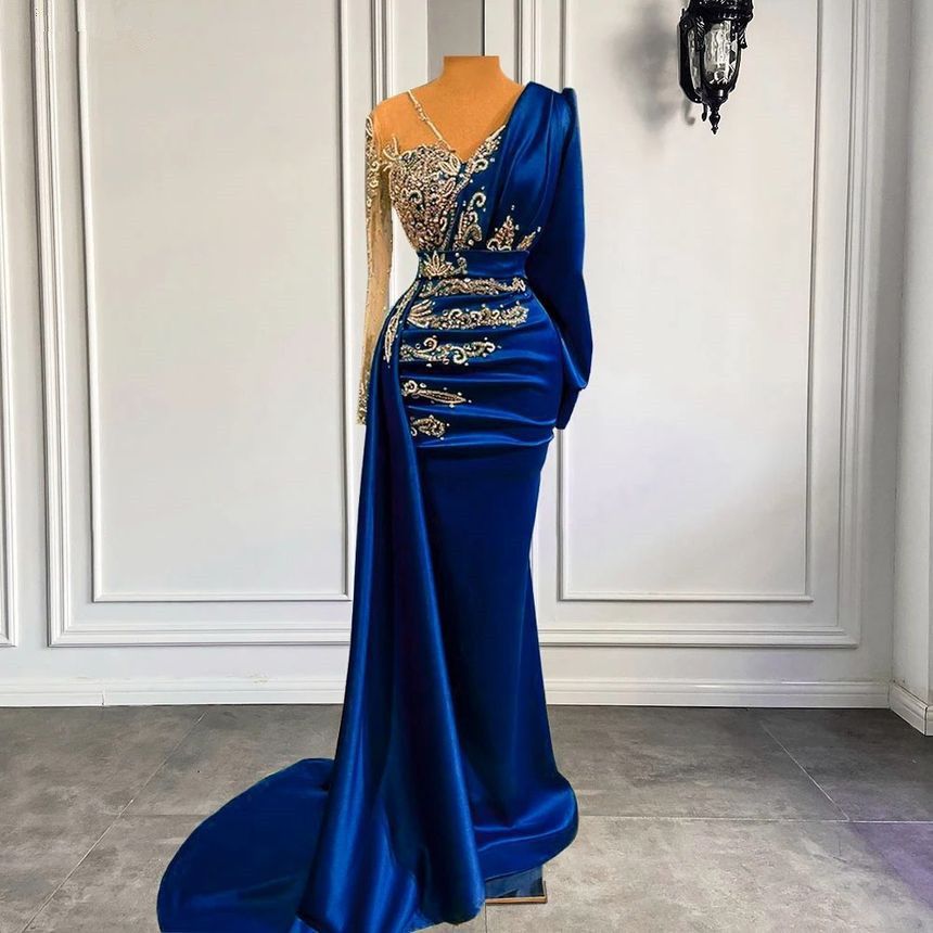 Elegant Blue Satin Mermaid Evening Dresses With Long Sleeves Appliques Beaded Women Formal Ocn Prom Gowns Arabic Second Reception Dress D27 - view 3