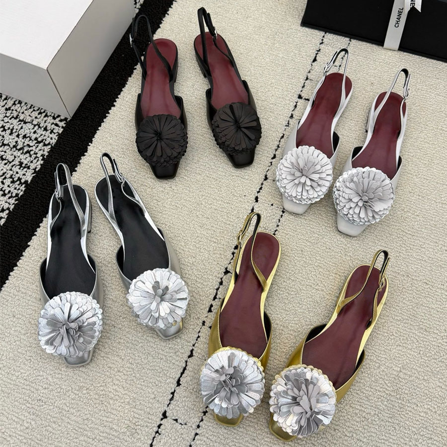 High quality New Real leather Golden silver Flower Square-toe slingback sandals Flat Dress shoes Luxury designer Sandals Flat shoes Wedding shoes