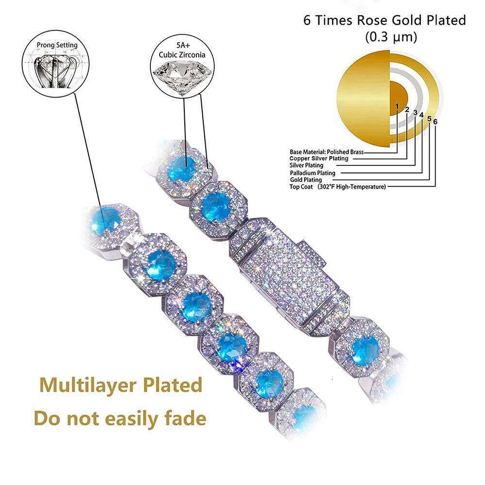 12mm Hip Hop Jewelry Pink/Treasure Blue/Sea Blue Girl Cluster Tennis Chain Cubic Zirconia Bling Diamond CZ Necklace For Women 47c