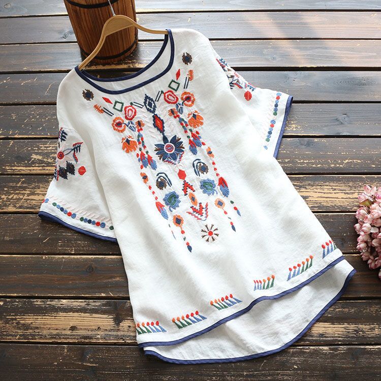 Ethnic Style Cotton Linen Embroidered T-shirt for Women, Summer Vintage Artistic Loose Plus Size Flattering Versatile Short Sleeve Ladies Top