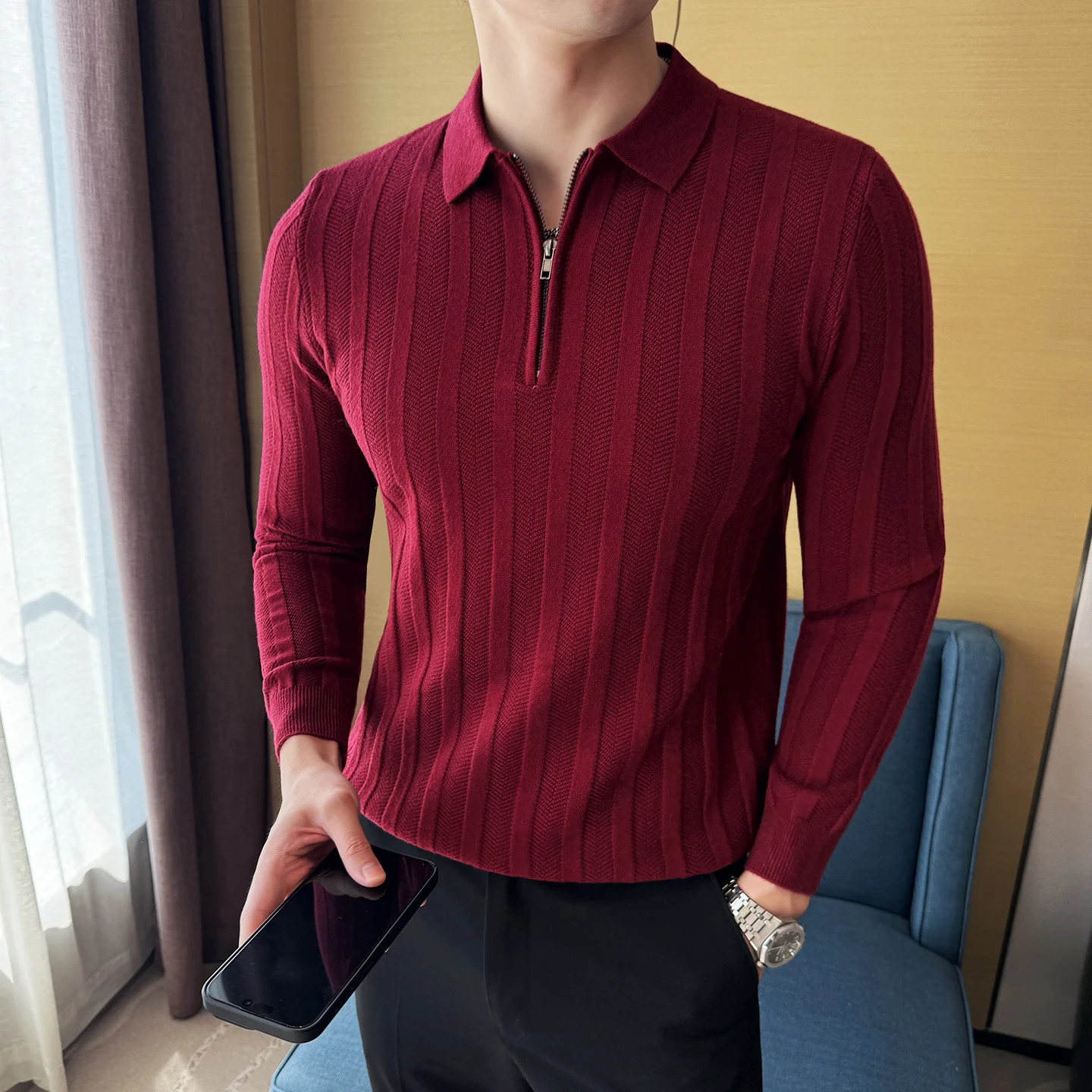 Mens Zip-Front Knit Sweater - White Polo Collar Black/Burgundy/Cream M-4XL Soft Touch Autumn Winter Casual Style 251223