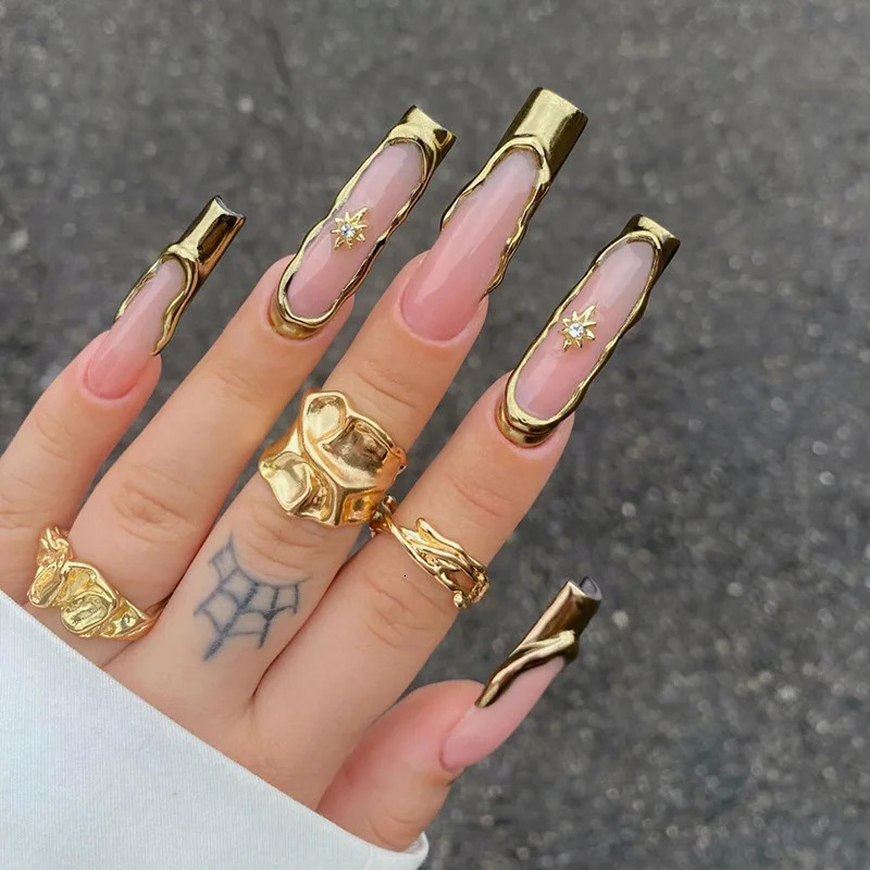 24Pcs Long French Square Head Press on False Nails 3D Blue Flower Rhinestone n Full Cover Fake Nails Tips Wele Manicure 251222