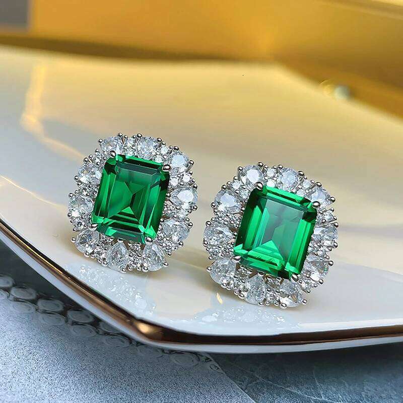 Huitan Rectangular Green Cubic Zirconia Stud Earrings Gorgeous Accessories for Women Wedding Party Temperament Female Jewelry
