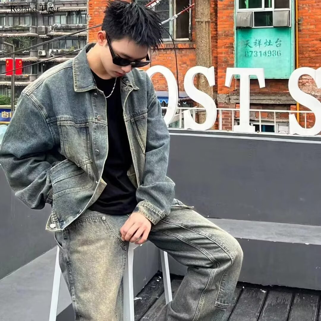 Roland Tiger Street Hip-Hop Embroidered Turn-Down Collar Denim Jacket Unisex Loose Vintage Design Tie-Dye Washed Coat