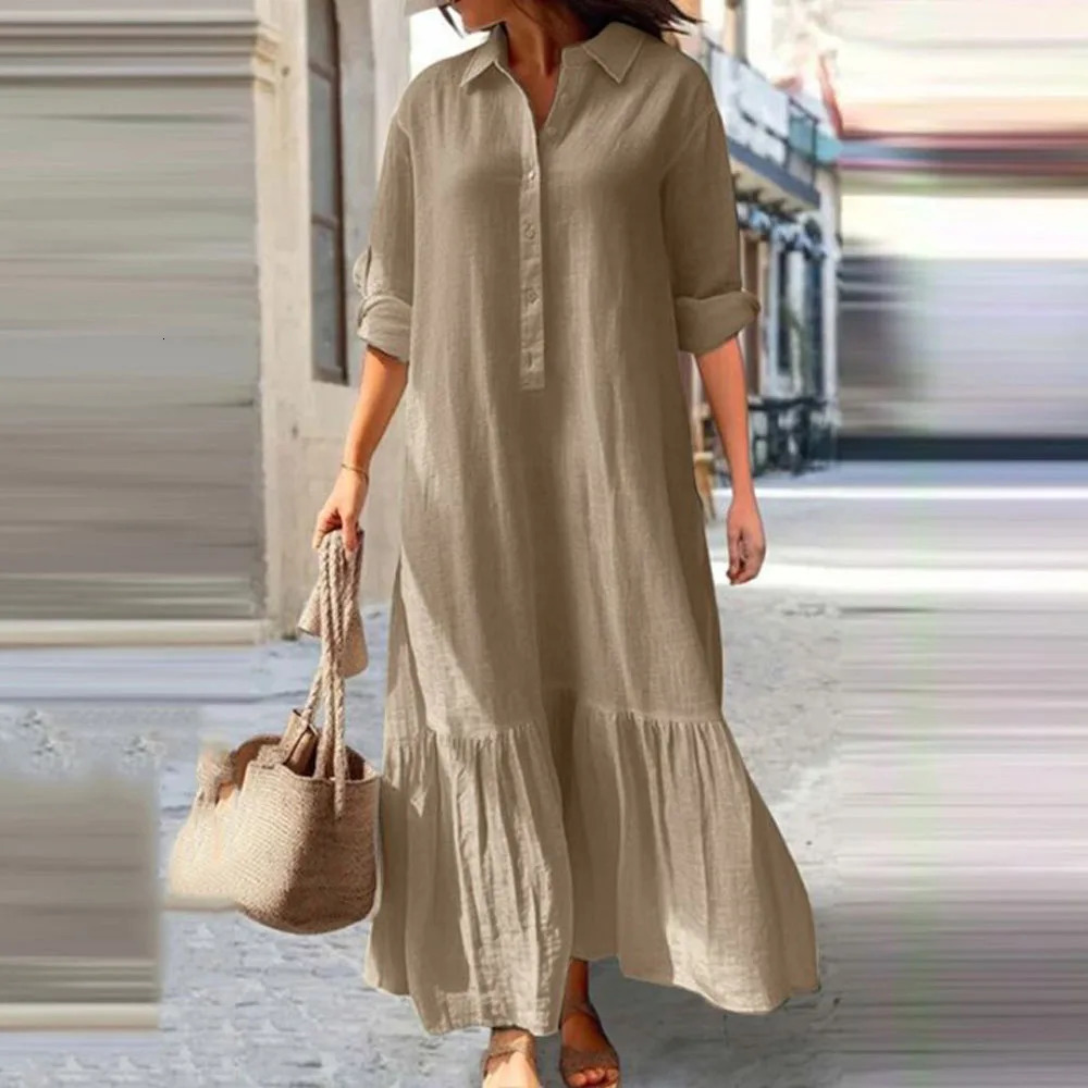 Women Blouse Long Maxi Dress Summer Female Ruffle Long Sleeve Cotton Linen Beachwear Holiday Party Dresses FYY-8045 251222