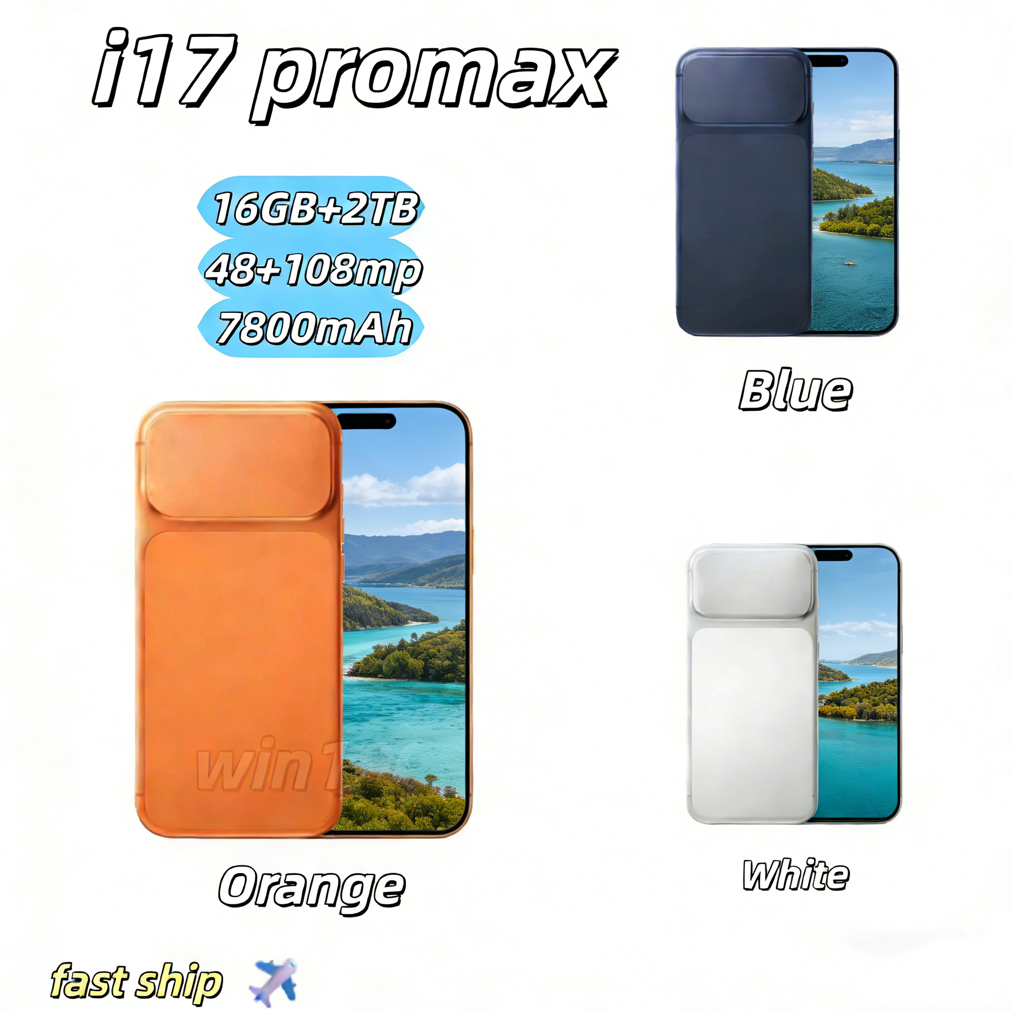 Cellphone i17 Pro Max 16+1TB wireless charging 5G Android High Quality smartphone network unlock 7.3 Full HD 72+108MP dual Standby Android System GPS 1