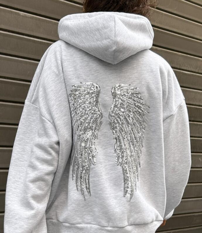 Chic Sequin Wing Hoody Women's Pants Suit O-neck Pockets Jacket High Waist Trousers Lady Set 2026 Spring 2 Pieces Set Women R251227