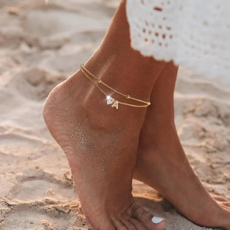 Ankle Bracelets for Women Waterproof 14K Gold Plated CZ Initial Dainty Layered Heart Anklets Foot Chain Summer Beach Jewelry 251226