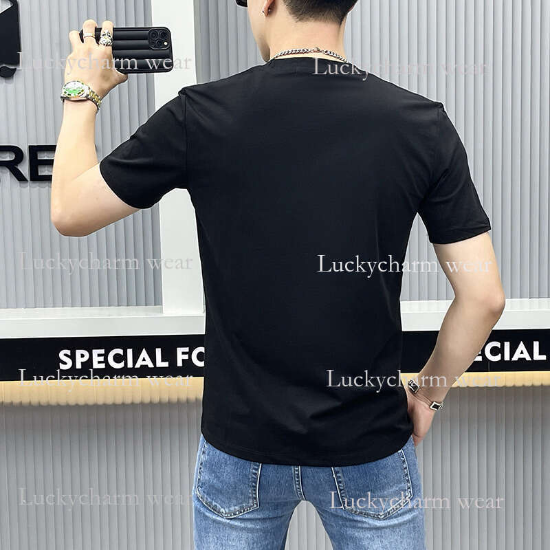 Summer Short Sleeve T-Shirt For Men Trendy Cool Round Neck Rhinestone Luxury High-End Slim Fit Versatile Printed Youth