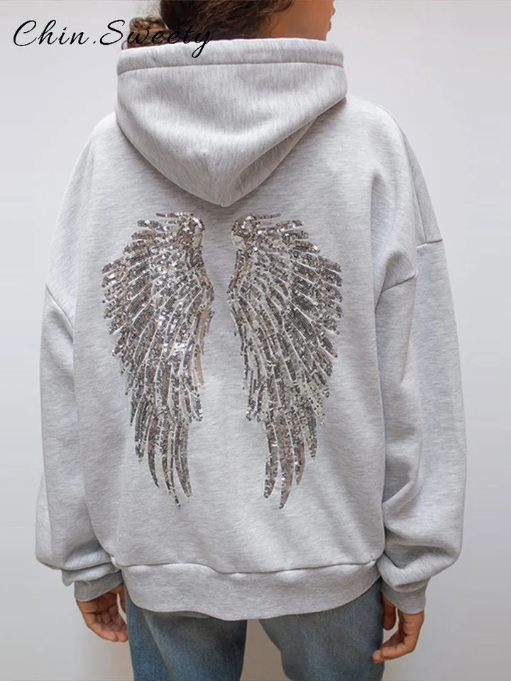 Chic Sequin Wing Hoody Women's Pants Suit O-neck Pockets Jacket High Waist Trousers Lady Set 2026 Spring 2 Pieces Set Women R251227