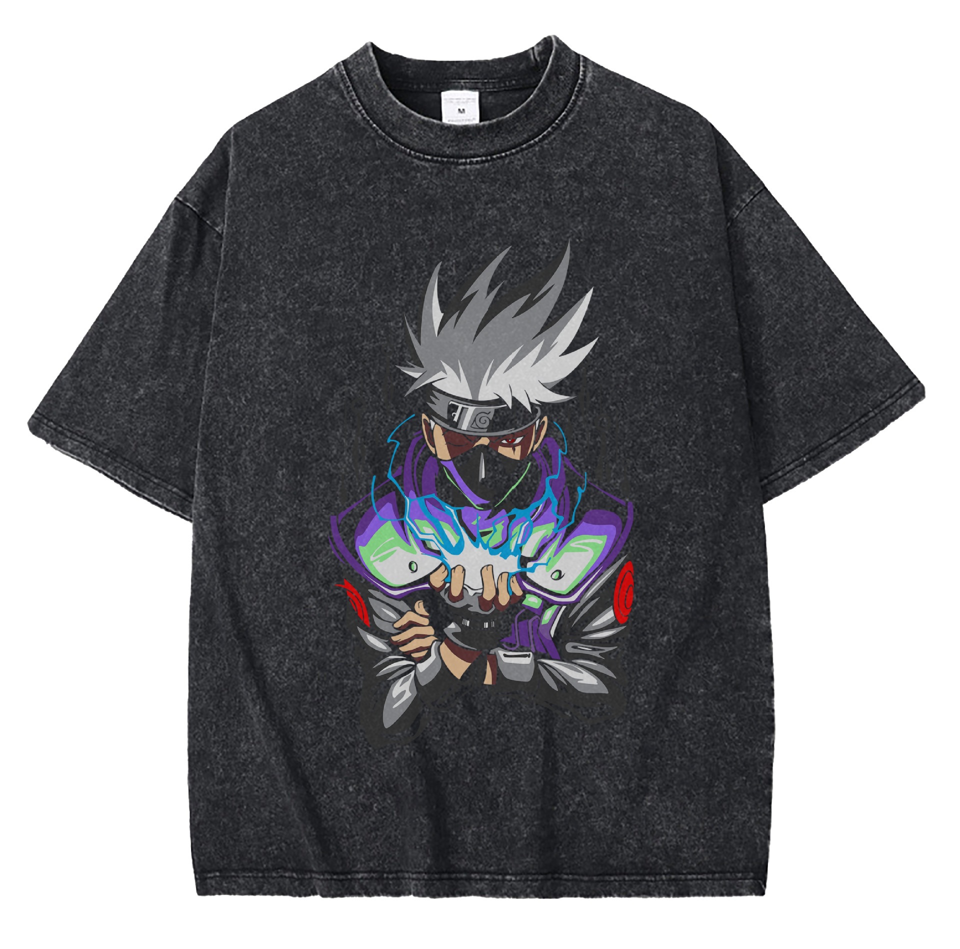 Streetwear American Vintage Anime Print T-shirt for Men, 230g Washed Loose Fit Short Sleeve, High Street Cross-Border Vintage Tee