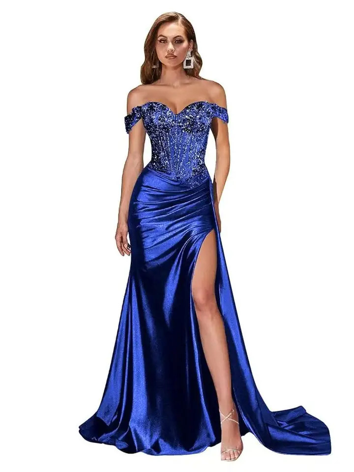 Dark Navy High Side Slit Sexy Prom Dresses Sweetheart Beaded Lace Formal Evening Party Gowns Off Shoulder Corset 2025 Customized 251219