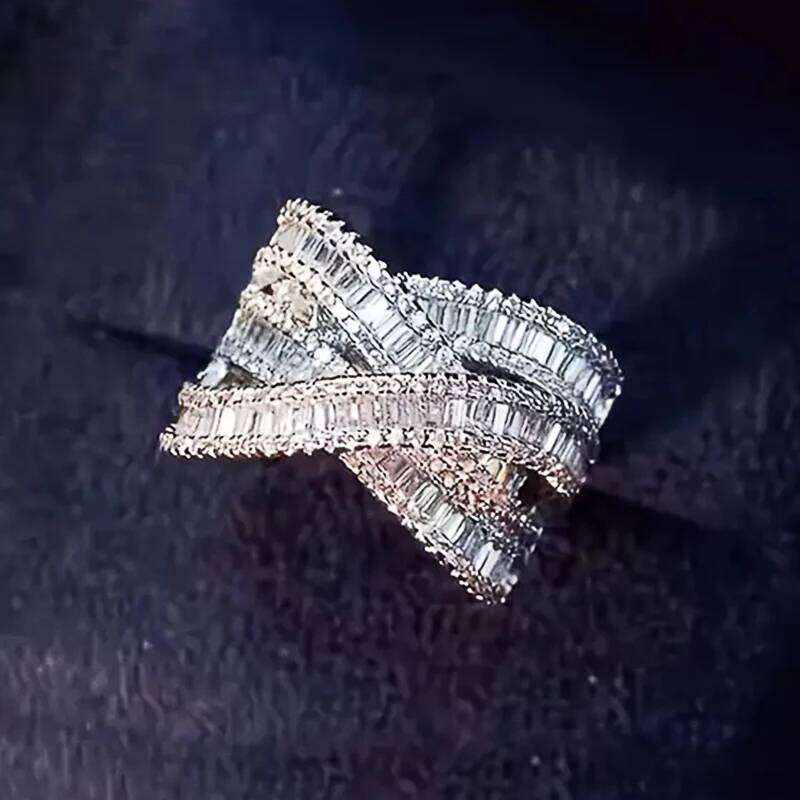 Huitan Luxury Cross Shaped Finger Rings for Women Bling Cubic Zircon Silver Color Female Accessory Wedding Trendy Jewelry