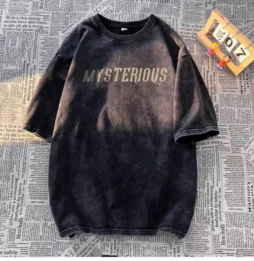 Heavyweight Washed Vintage T-shirt for Men, Summer Niche Design Gothic Butterfly Print Half Sleeve Tee