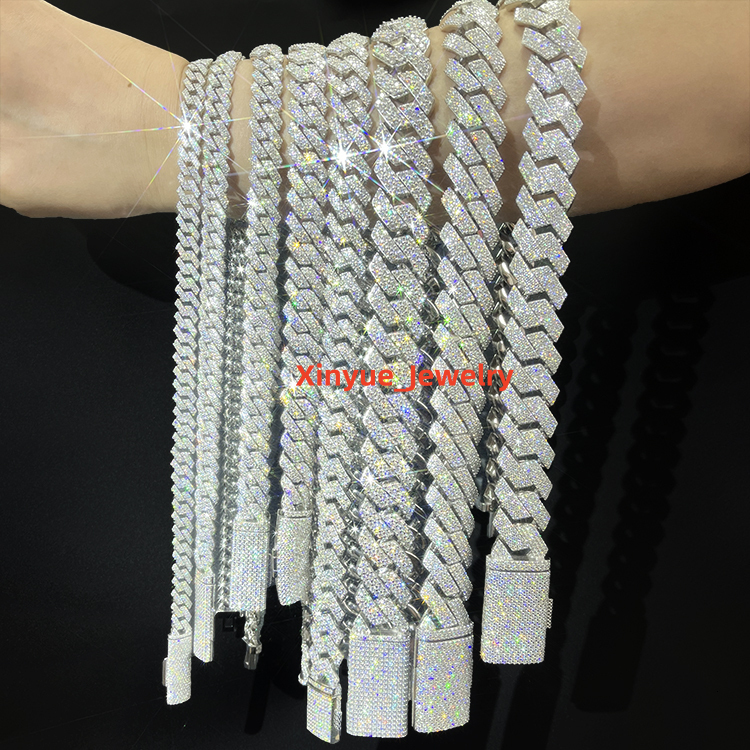 100 Passed Diamond Test Vvs Moissanite Diamond 2Rows Necklace 8mm 10mm 12mm Wide S925 Solid Silver Hiphop Cuban Link Chain