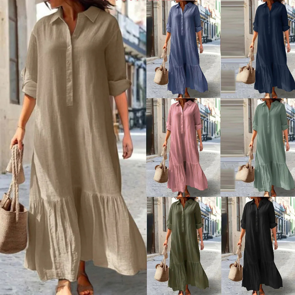 Women Blouse Long Maxi Dress Summer Female Ruffle Long Sleeve Cotton Linen Beachwear Holiday Party Dresses FYY-8045 251222