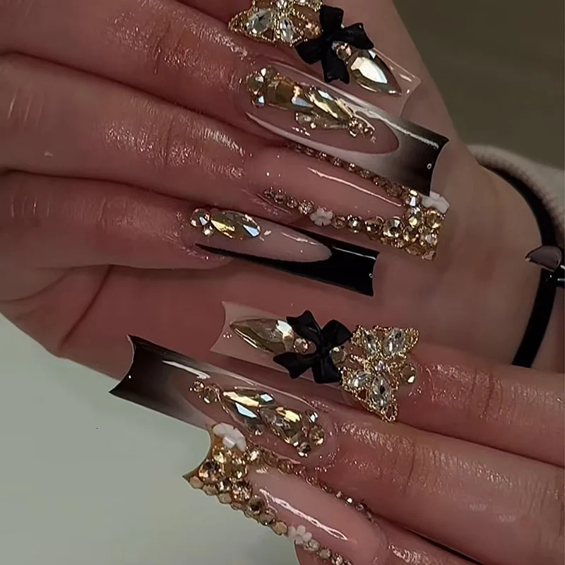 24Pcs Long French Square Head Press on False Nails 3D Blue Flower Rhinestone n Full Cover Fake Nails Tips Wele Manicure 251222
