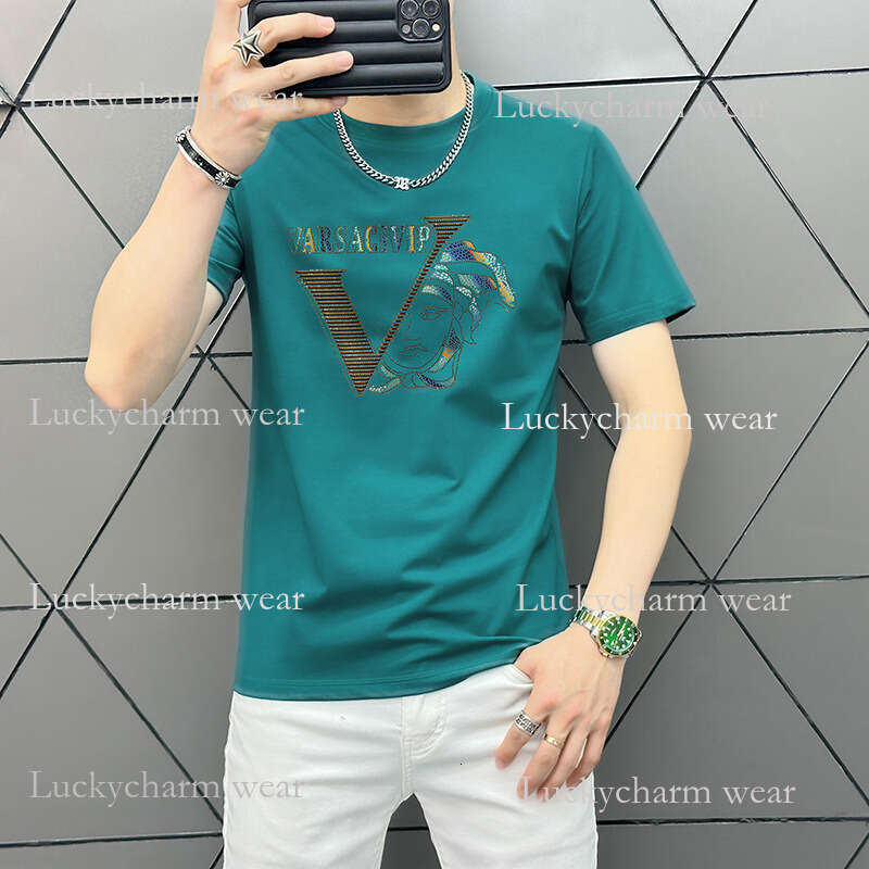 Real Shot Summer New European Style Letter Heat-Printed Short Sleeve Men's Slim Fit T-Shirt