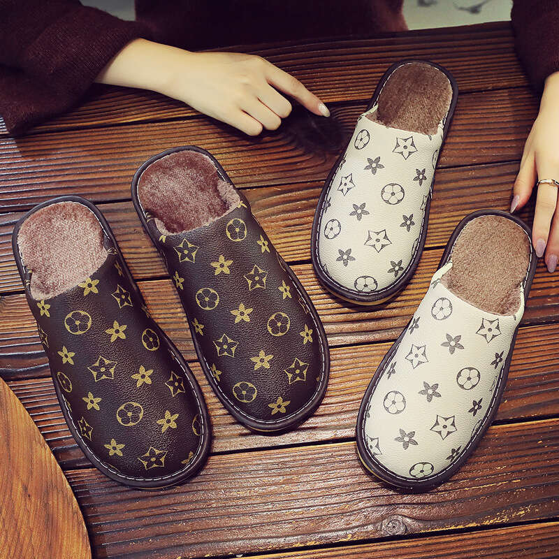 Leather Cotton Men Thick Sole Indoor Home Waterproof Non-Slip Slippers for Women Autumn Winter
