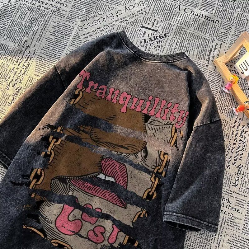 2026 Summer American Vintage Anime Print Washed T-shirt for Men, Lazy Style Couple Casual Tee