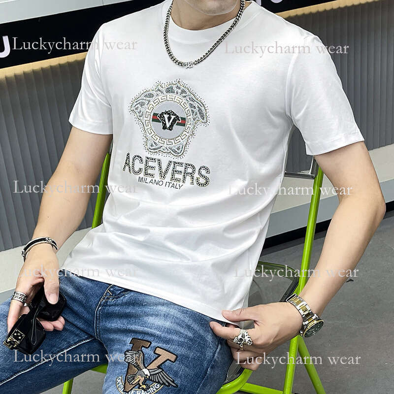 Summer Short Sleeve T-Shirt For Men Trendy Cool Round Neck Rhinestone Luxury High-End Slim Fit Versatile Printed Youth