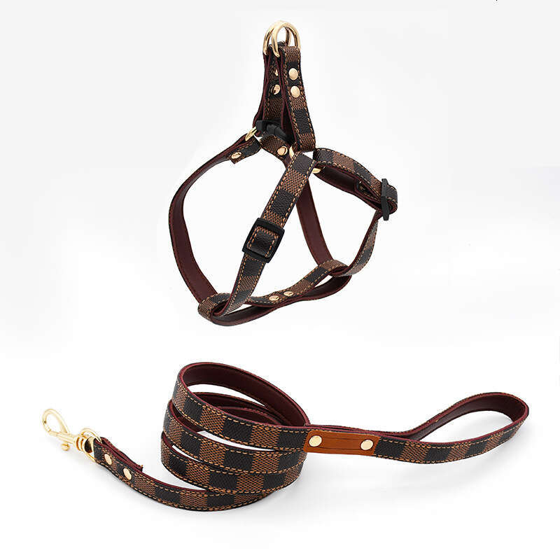 Pet Dog Harness Leash Collar Set Fashion Designer Cute Plaid Adjustable Vest Outdoor Travel Holiday Everyday Apparel for Small Medium Dogs Cats