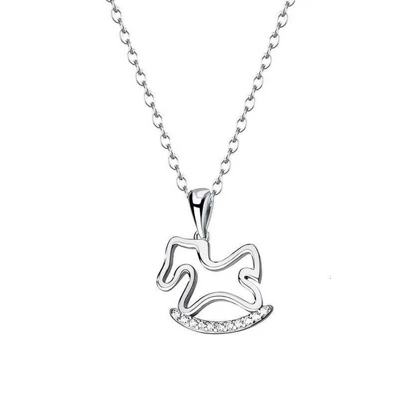 luxury Shiny 925 Sterling Silver Zircon Hollowed-out Childhood Wooden Horse Pendant Necklace for Woman Girlish Collarbone Chain Jewelry M251227