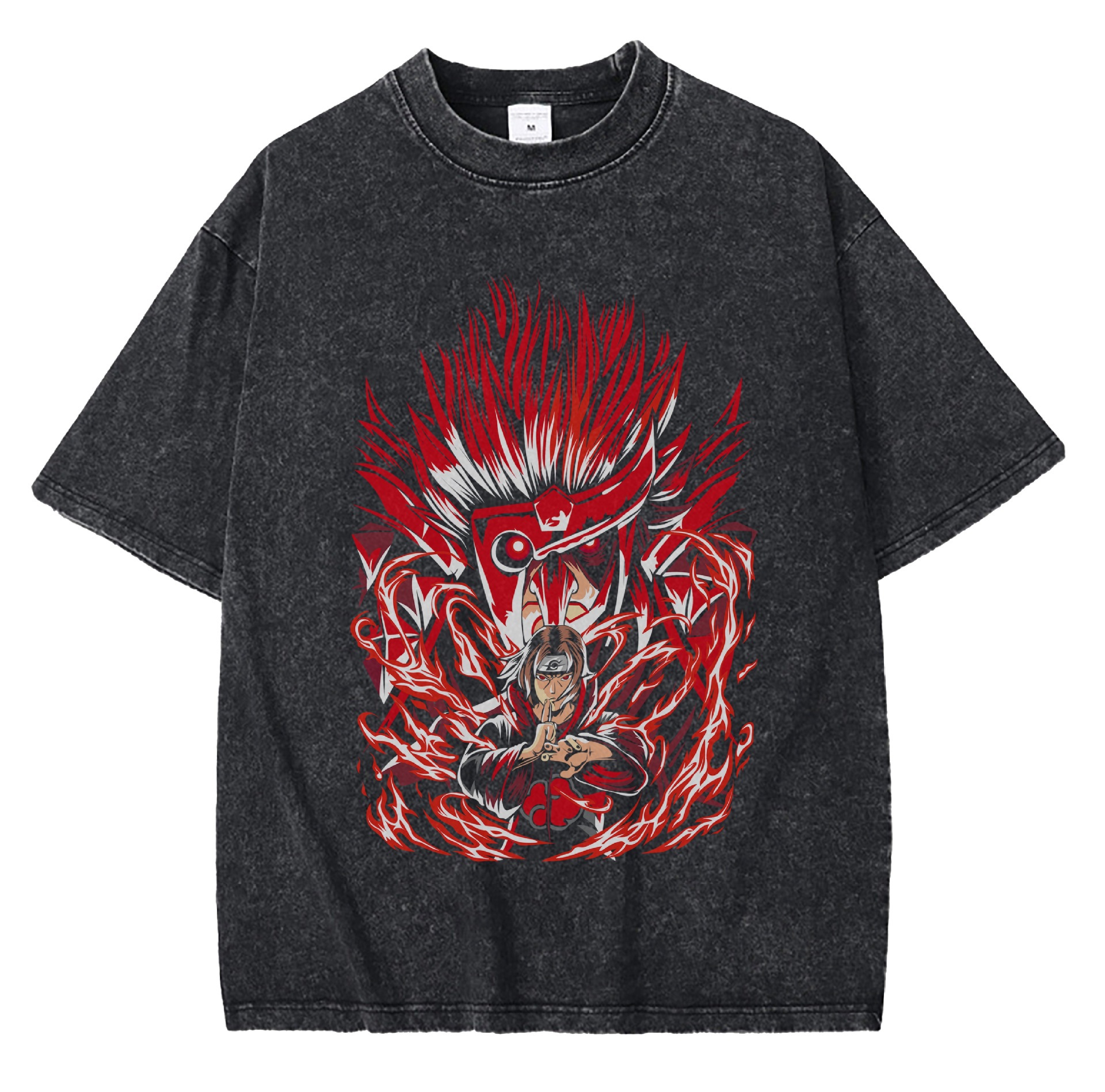 Streetwear American Vintage Anime Print T-shirt for Men, 230g Washed Loose Fit Short Sleeve, High Street Cross-Border Vintage Tee